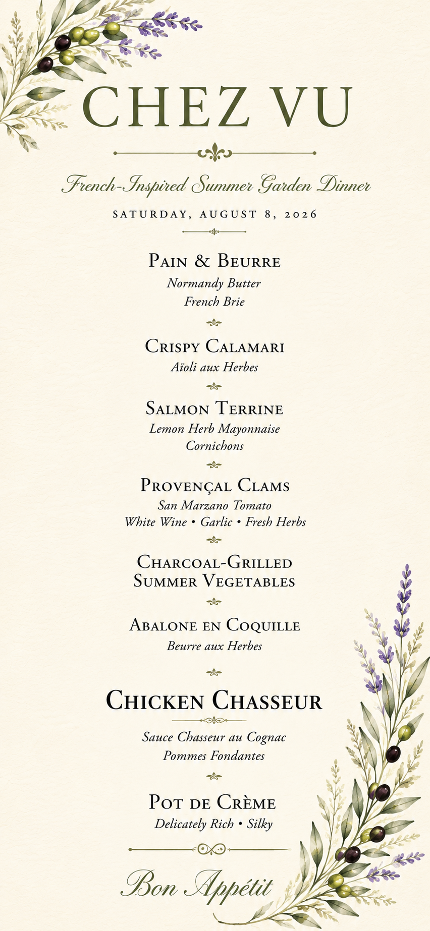 Chez Vu dinner menu